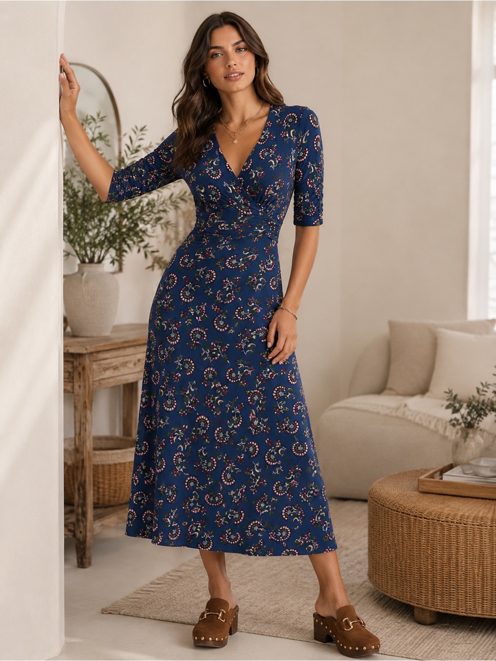 Boden Rebecca Jersey Knot Faux Wrap Set Sail Botanical Bunch Midi Dress